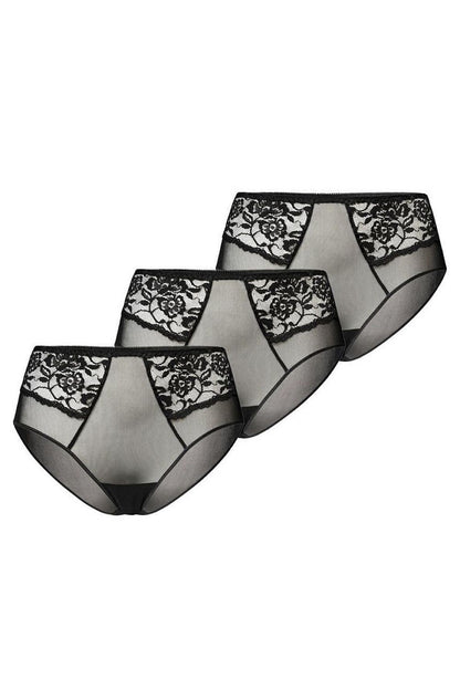 Elegant trio of high-waisted sheer mesh women's panties featuring floral lace details, showcasing luxurious design by Teyli.