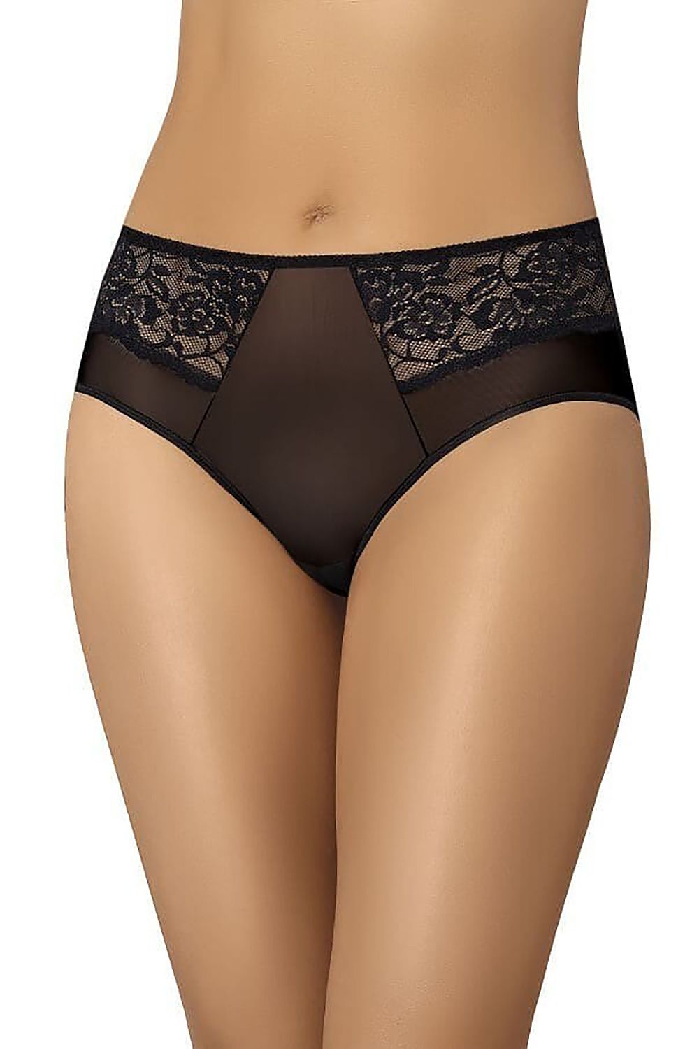 Close-up of a high-waisted sheer mesh women's panty adorned with exquisite floral lace, crafted by Teyli for a sophisticated look.