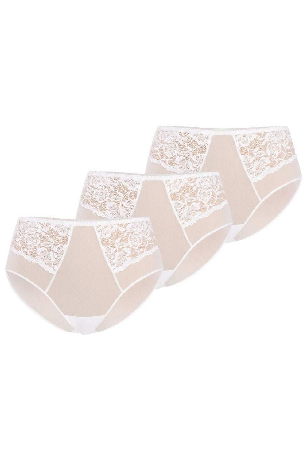 Charming set of three high-waisted women's panties in ivory, showcasing sheer mesh and floral lace, designed by Teyli for elegance.