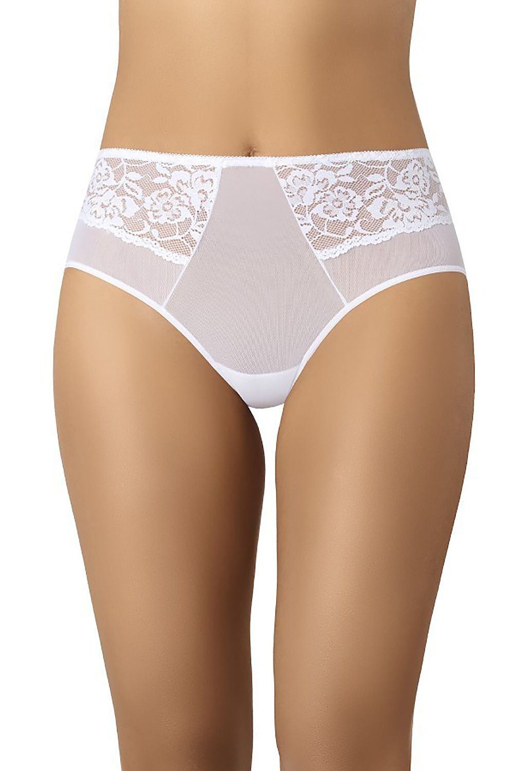Close-up of an ivory high-waisted sheer mesh panty featuring beautiful lace detailing, exuding luxury from Teyli.