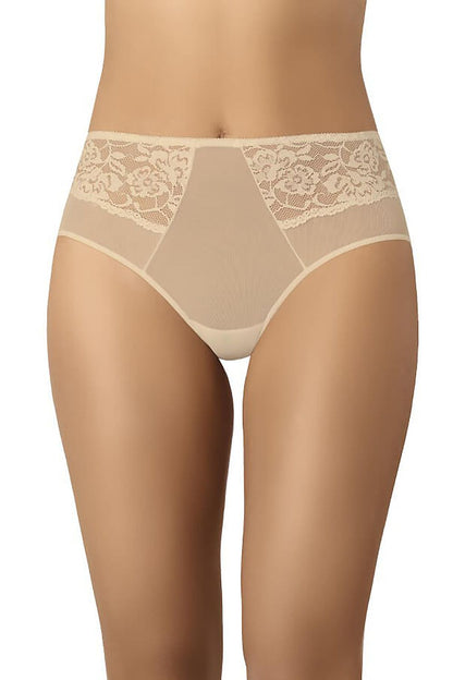 Front view of Teyli high-waisted women's panties, showcasing delicate floral lace accents on sheer mesh, ideal for stylish and luxurious lingerie.