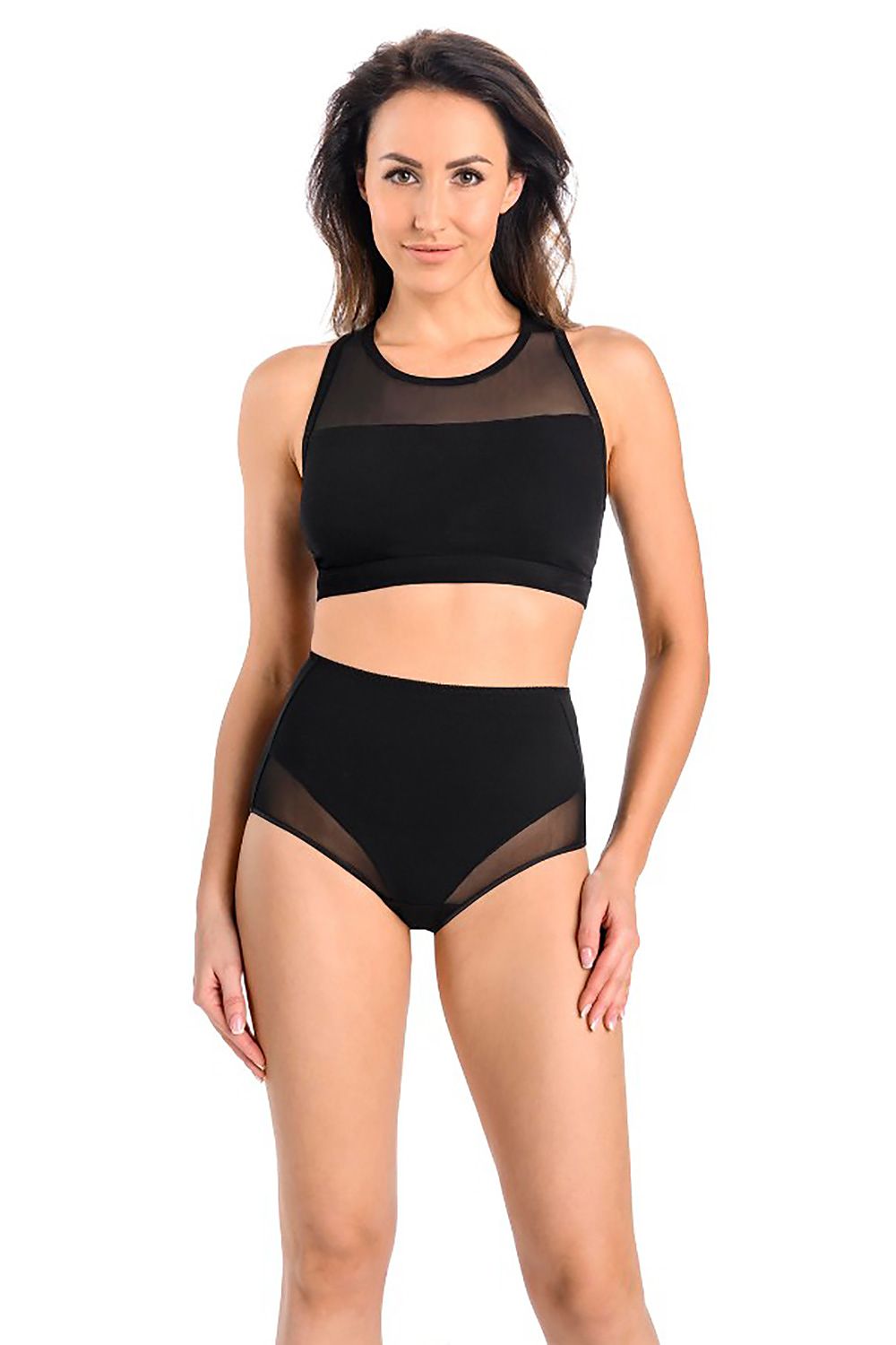 Teyli stylish black high-waisted panty paired with a matching cropped mesh top, showcasing a luxurious blend of comfort and modern fashion.