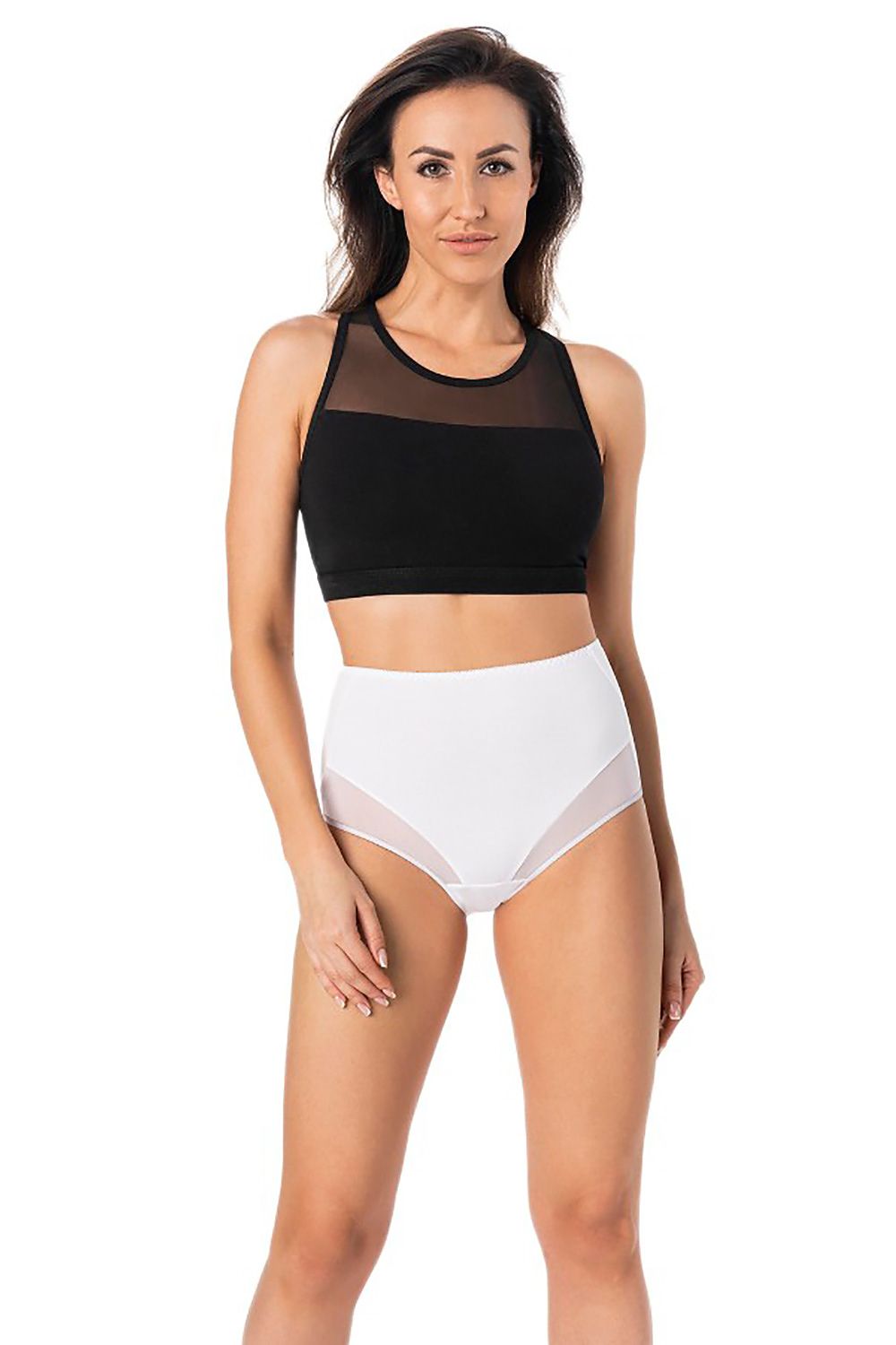 Female model showcasing luxury black crop top paired with white high-waisted cotton classic panties by Teyli, highlighting style and elegance.
