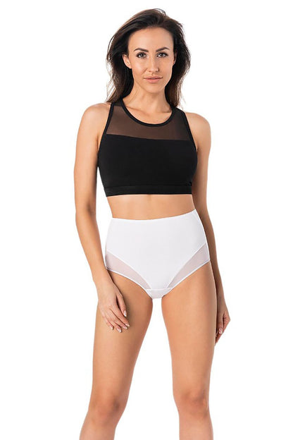Female model showcasing luxury black crop top paired with white high-waisted cotton classic panties by Teyli, highlighting style and elegance.