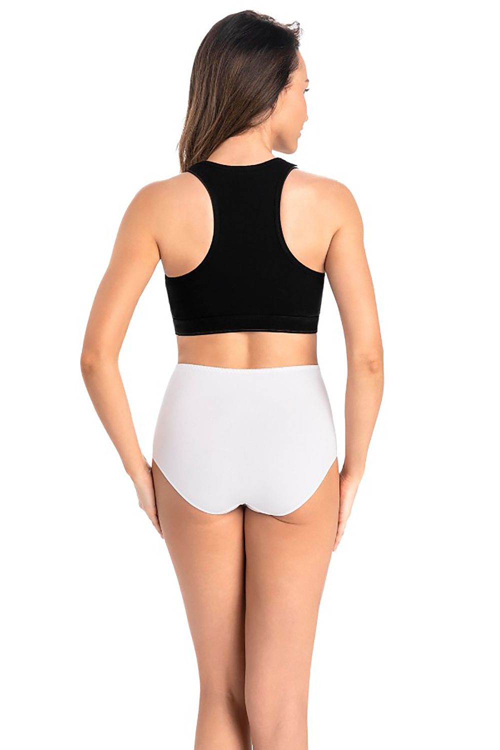Back view of a female model in a black crop top and white high-waisted cotton classic panties from Teyli, exuding sophistication and comfort.