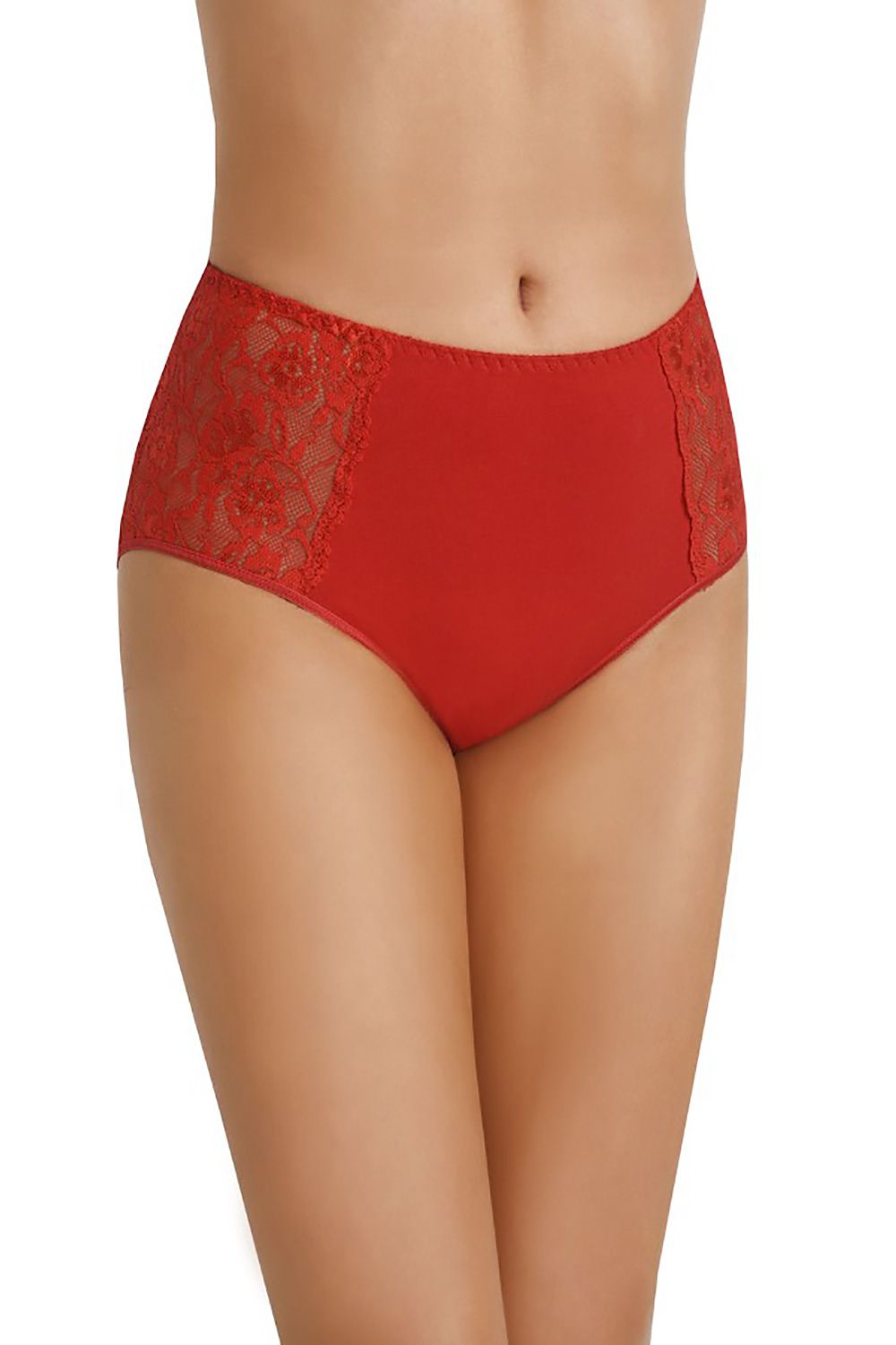 Stylish high-waisted women's cotton panties in vibrant red by Teyli, adorned with exquisite lace floral accents, perfect for an elegant wardrobe.