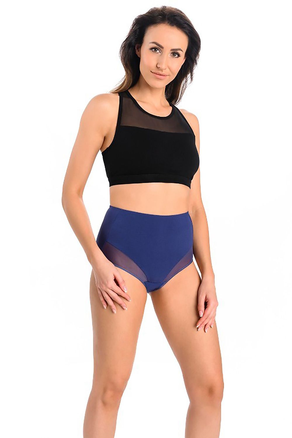 Teyli women's high-waisted cotton classic panties in navy, elegantly featured on a model, showcasing modern design and comfort.
