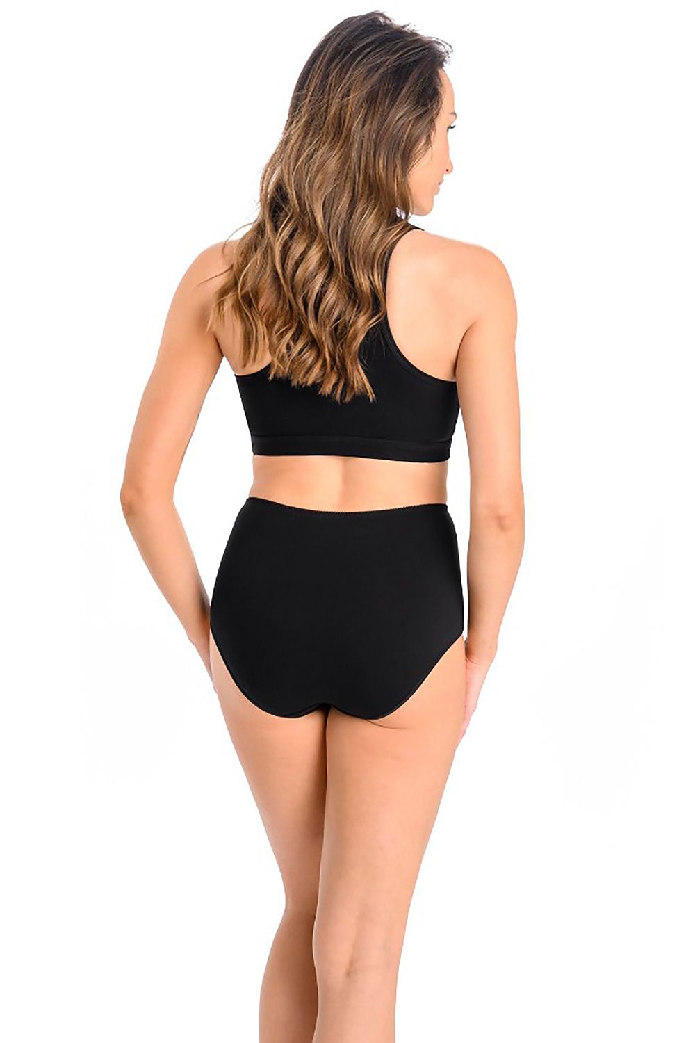 Elegant back view of a model wearing the Teyli set of high-waisted cotton black panties, showcasing a perfect fit and comfort.