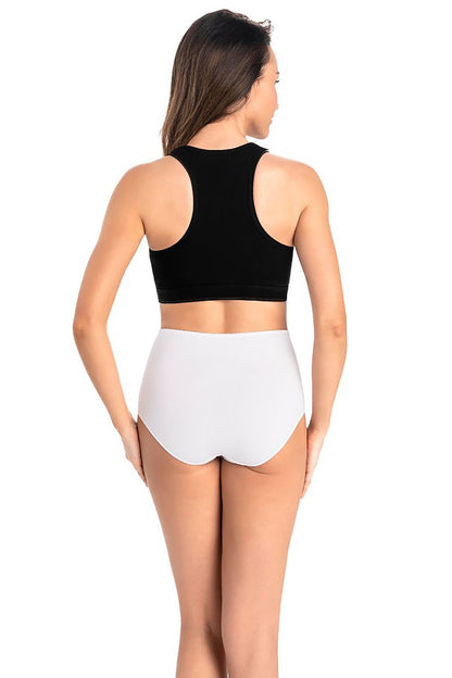 Chic back view of a model wearing Teyli high-waisted white panties, perfectly paired with a black crop top, highlighting luxurious comfort.