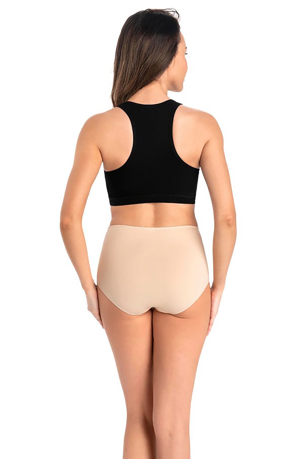 Stylish back view of a model wearing Teyli nude high-waisted panties, completed with a black crop top, epitomizing luxurious everyday wear.