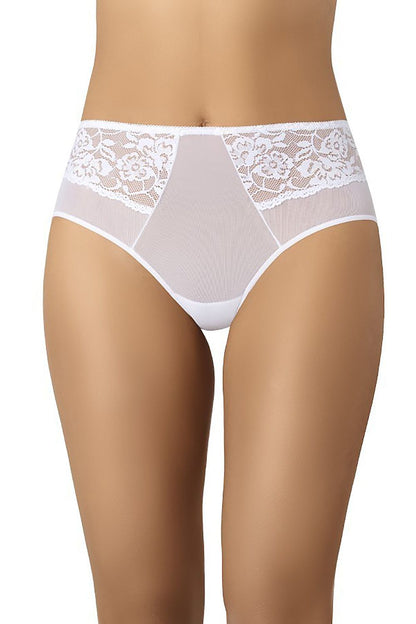 Teyli high-waisted women's panties in pristine white mesh featuring exquisite floral lace detailing, ideal for luxury lingerie collections, available in various sizes.