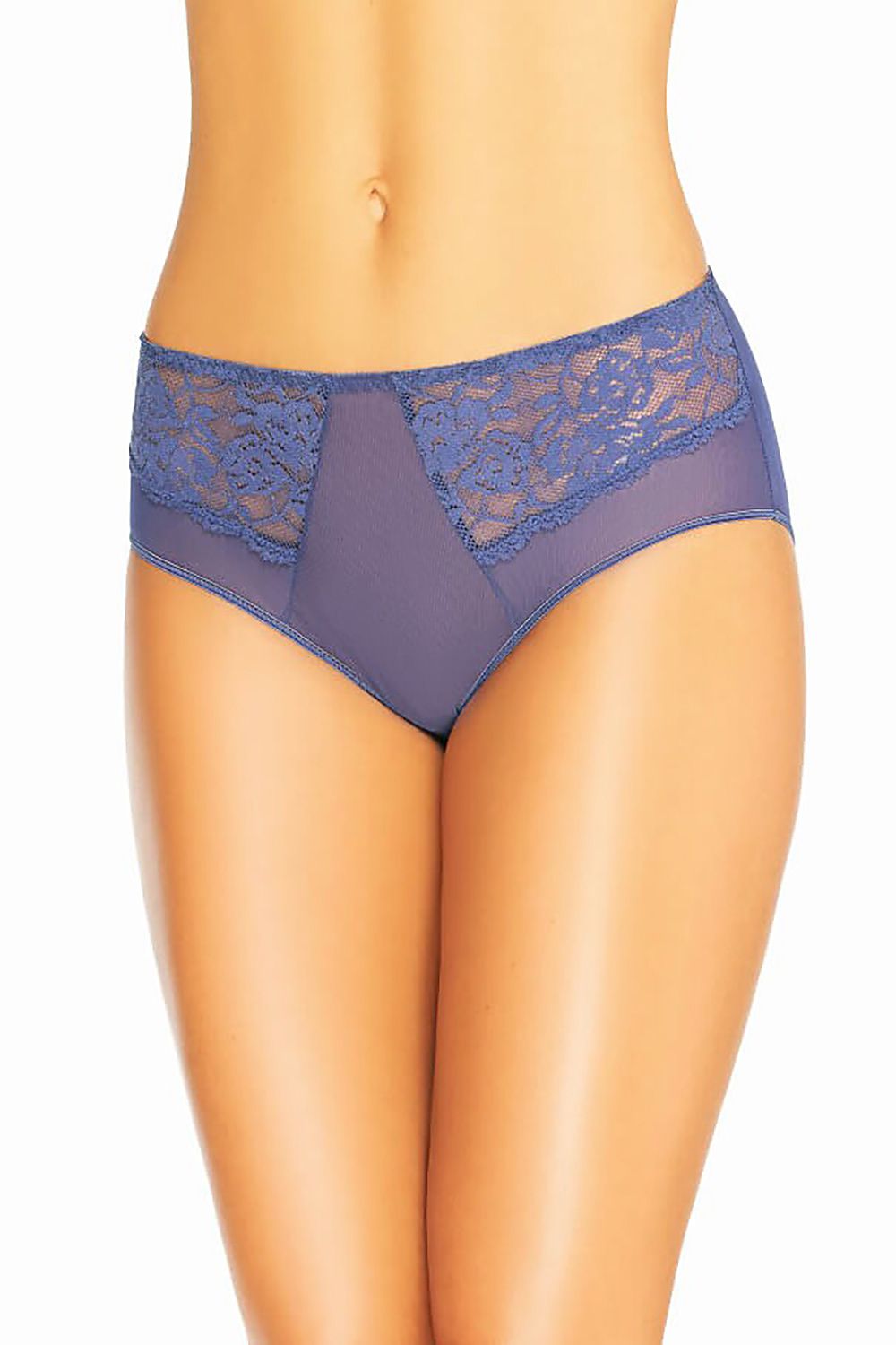Elegant Teyli high-waisted women's panties in a sophisticated blue shade, featuring floral lace on a sheer mesh body, perfect for a luxurious feel.