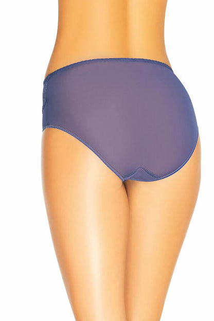 Back view of Teyli high-waisted women's panties in blue, showcasing the seamless design and delicate lace trim, blending style with comfort.