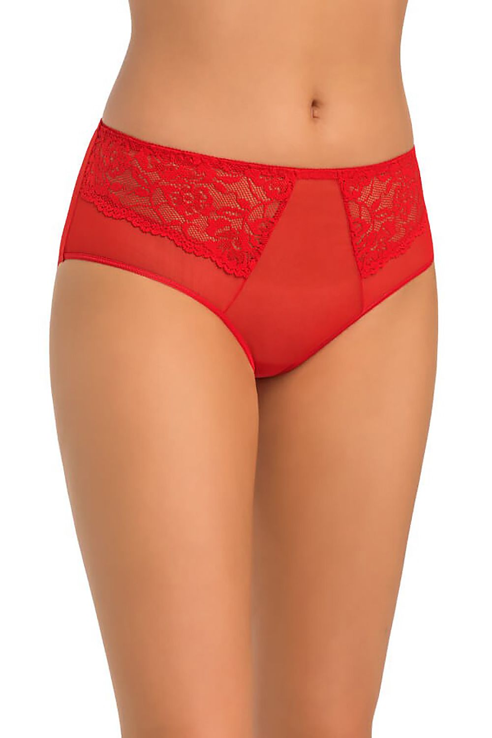 Teyli high-waisted women's panties in sheer red mesh with floral lace detailing, designed for elegance and comfort. Available in sizes XS to XXXL.