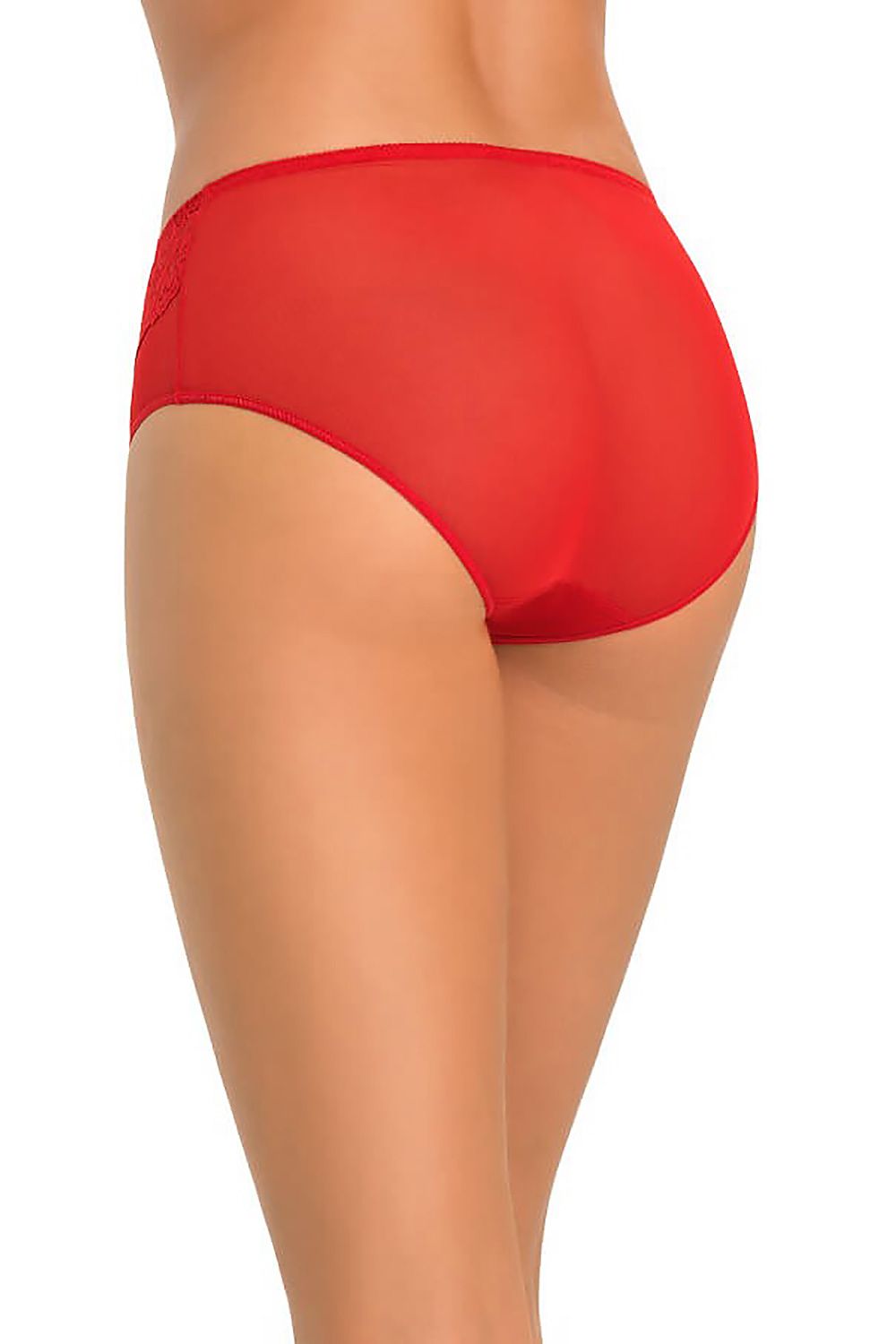 Rear view of Teyli high-waisted women's panties in sheer red mesh, showcasing beautiful floral lace design, perfect for enhancing your lingerie wardrobe.