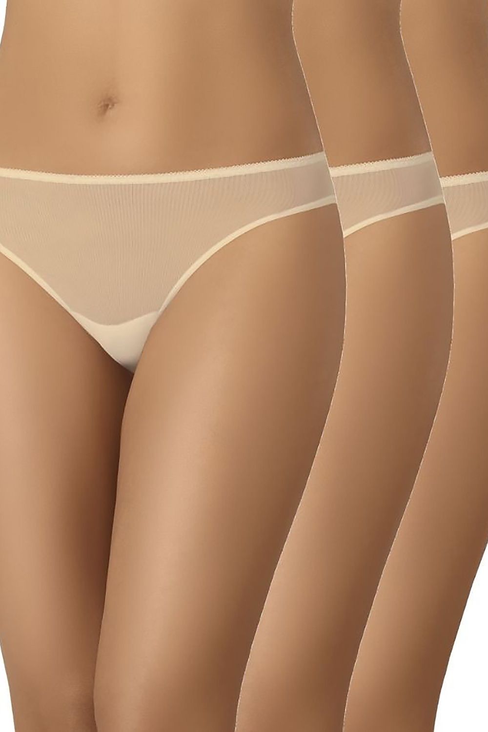 Luxurious set of three transparent women's classic cut panties by Teyli, showcasing a delicate beige mesh design ideal for comfort and elegance.