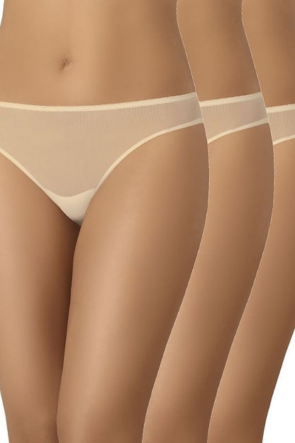Luxurious set of three transparent women's classic cut panties by Teyli, showcasing a delicate beige mesh design ideal for comfort and elegance.