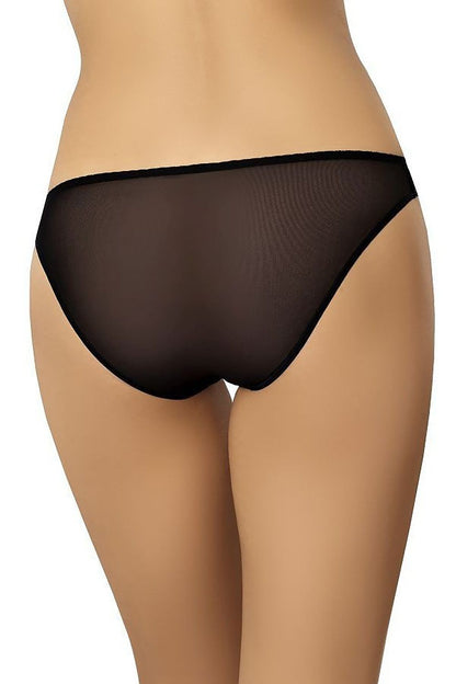 Luxury transparent black women's classic cut panties showcasing a low rise and soft elastic trim by Teyli, featured from the back.