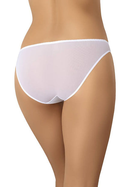 Chic white transparent women's classic cut panties with delicate soft elastic trim, presented from the back by Teyli.