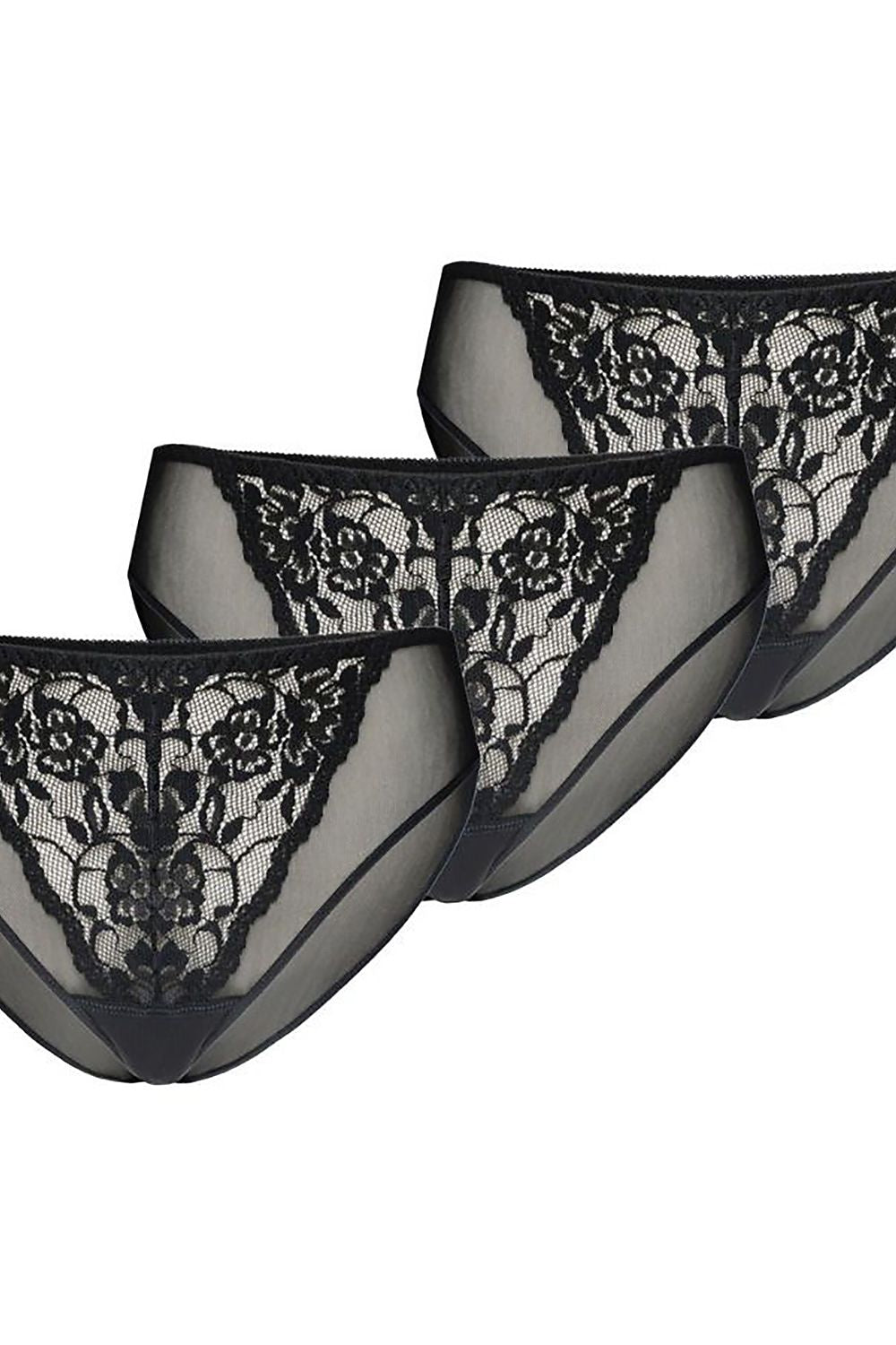 Elegant trio of Teyli women's classic black panties with lace trim and see-through design, showcasing floral motifs for luxurious comfort.