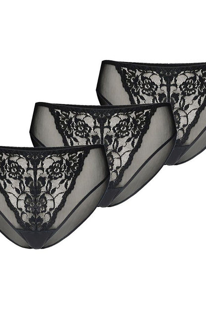 Elegant trio of Teyli women's classic black panties with lace trim and see-through design, showcasing floral motifs for luxurious comfort.