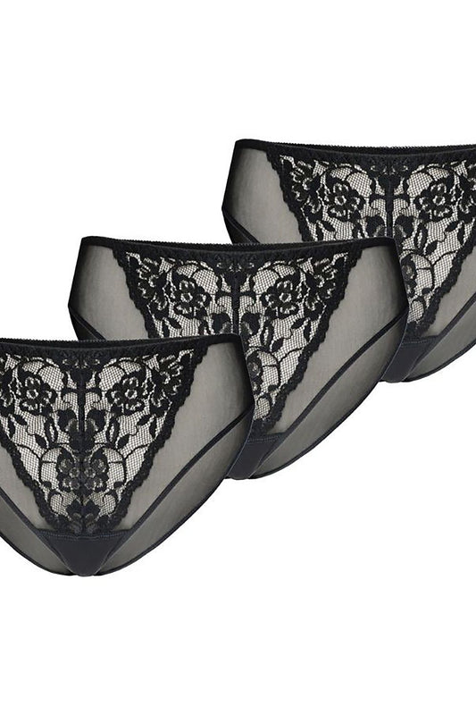 Elegant trio of Teyli women's classic black panties with lace trim and see-through design, showcasing floral motifs for luxurious comfort.