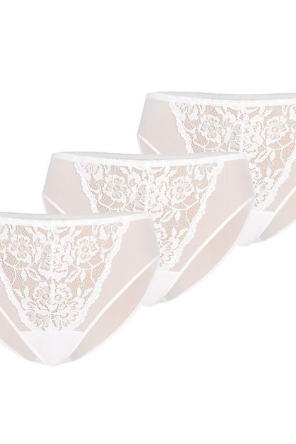 Refined trio of Teyli women's white lace panties featuring intricate floral design, combining comfort with a touch of luxury.