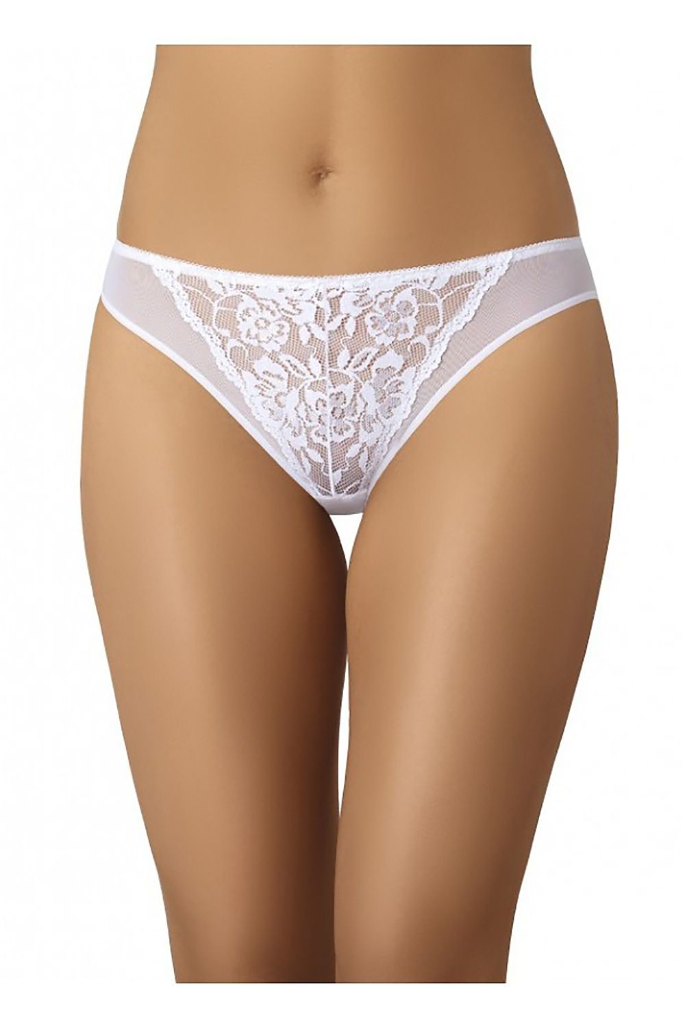 Graceful Teyli women's white lace panties displayed frontally, capturing the delicate mesh and floral patterns for timeless sophistication.