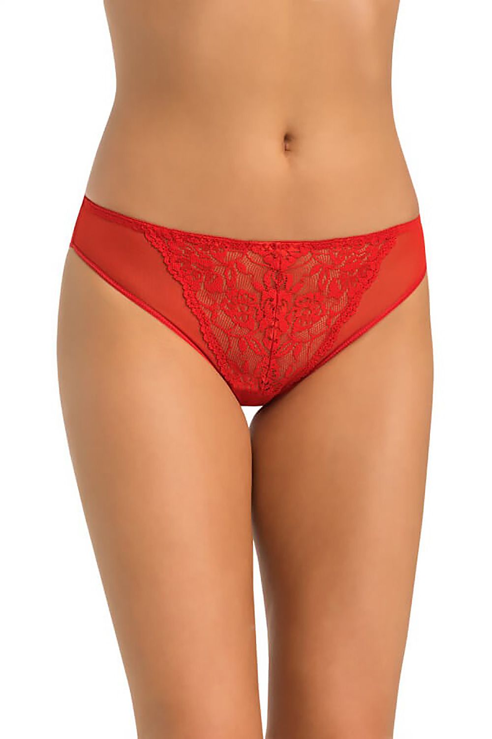 Chic red lace-trimmed women's panties by Teyli, showcasing a bold floral motif for an alluring and luxurious feel.