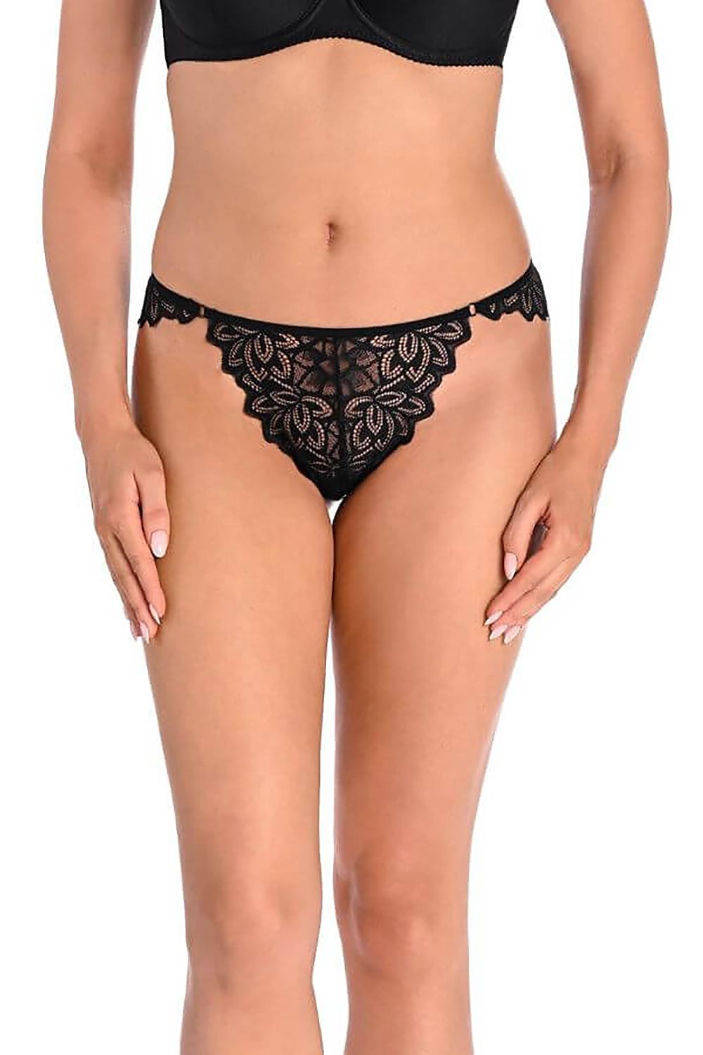 Elegant black lace Brazilian panties for women by Teyli, featuring a floral design, luxurious fit, and soft cotton crotch for comfort.