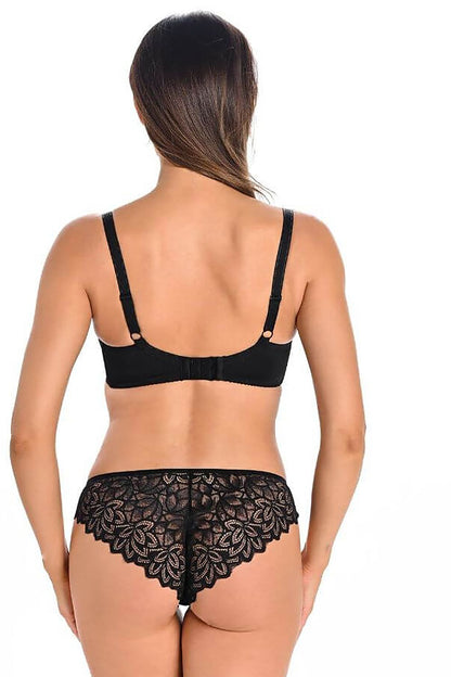 Elegant back view of Teyli Luxury Brazilian lace panties featuring a floral design, paired with a black bra, showcasing exquisite lace details.