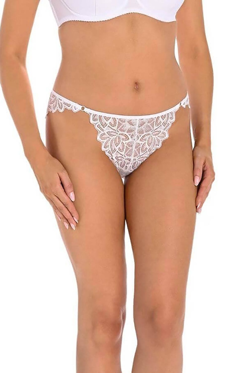 Chic front view of Teyli Luxury Brazilian lace thong in white, featuring intricate floral lace, perfect for a stylish and sophisticated look.