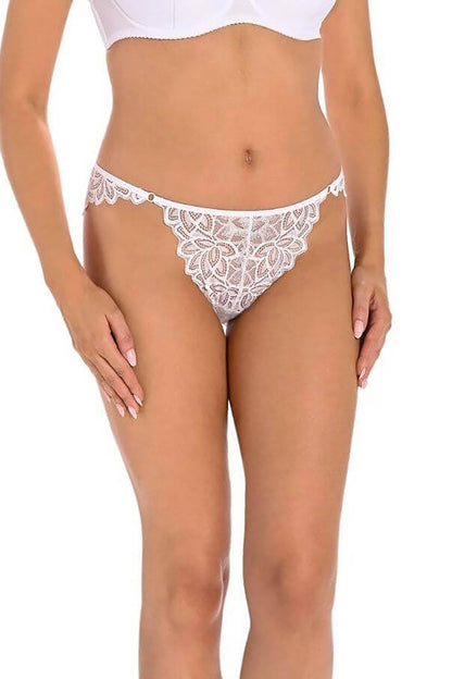 Chic front view of Teyli Luxury Brazilian lace thong in white, featuring intricate floral lace, perfect for a stylish and sophisticated look.