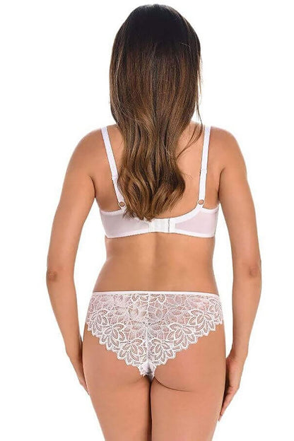 Graceful back view of Teyli Luxury Brazilian lace thong in white, highlighting delicate floral motifs and paired with a matching bra for a complete ensemble.