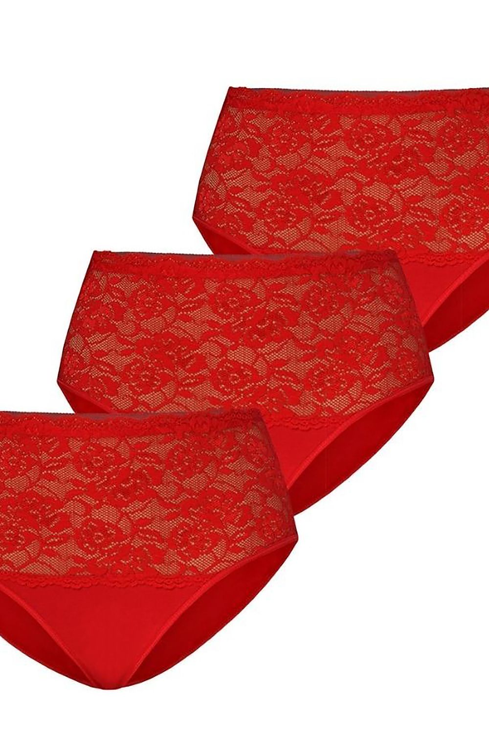 Set of three luxurious red high-waisted cotton panties with intricate floral lace detail by Teyli, designed for ultimate comfort and style.