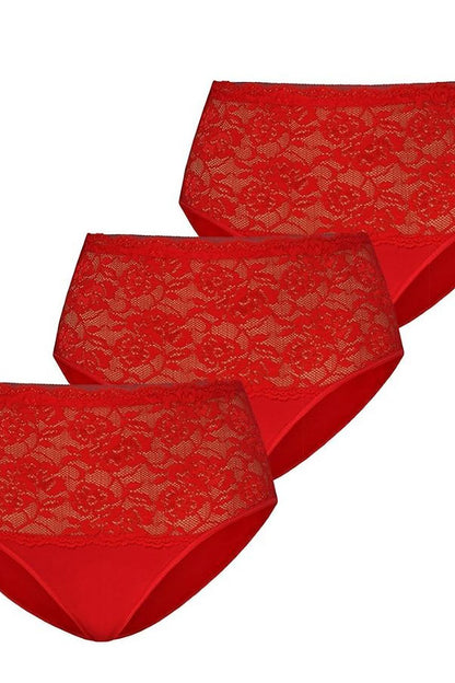 Set of three luxurious red high-waisted cotton panties with intricate floral lace detail by Teyli, designed for ultimate comfort and style.
