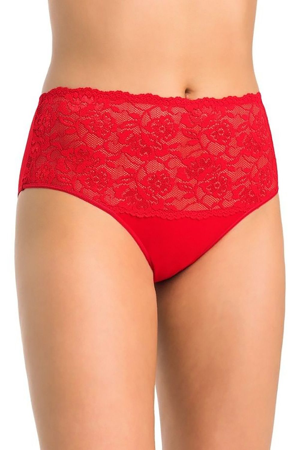 Elegant red high-waisted cotton panty featuring delicate floral lace, showcasing Teyli's commitment to stylish and comfortable women's lingerie.