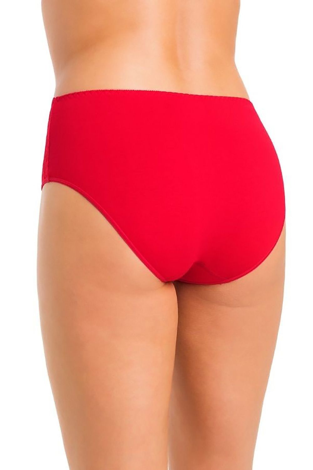 Back view of a luxurious red high-waisted cotton panty with floral lace detail, crafted by Teyli for a comfortable and sophisticated fit.