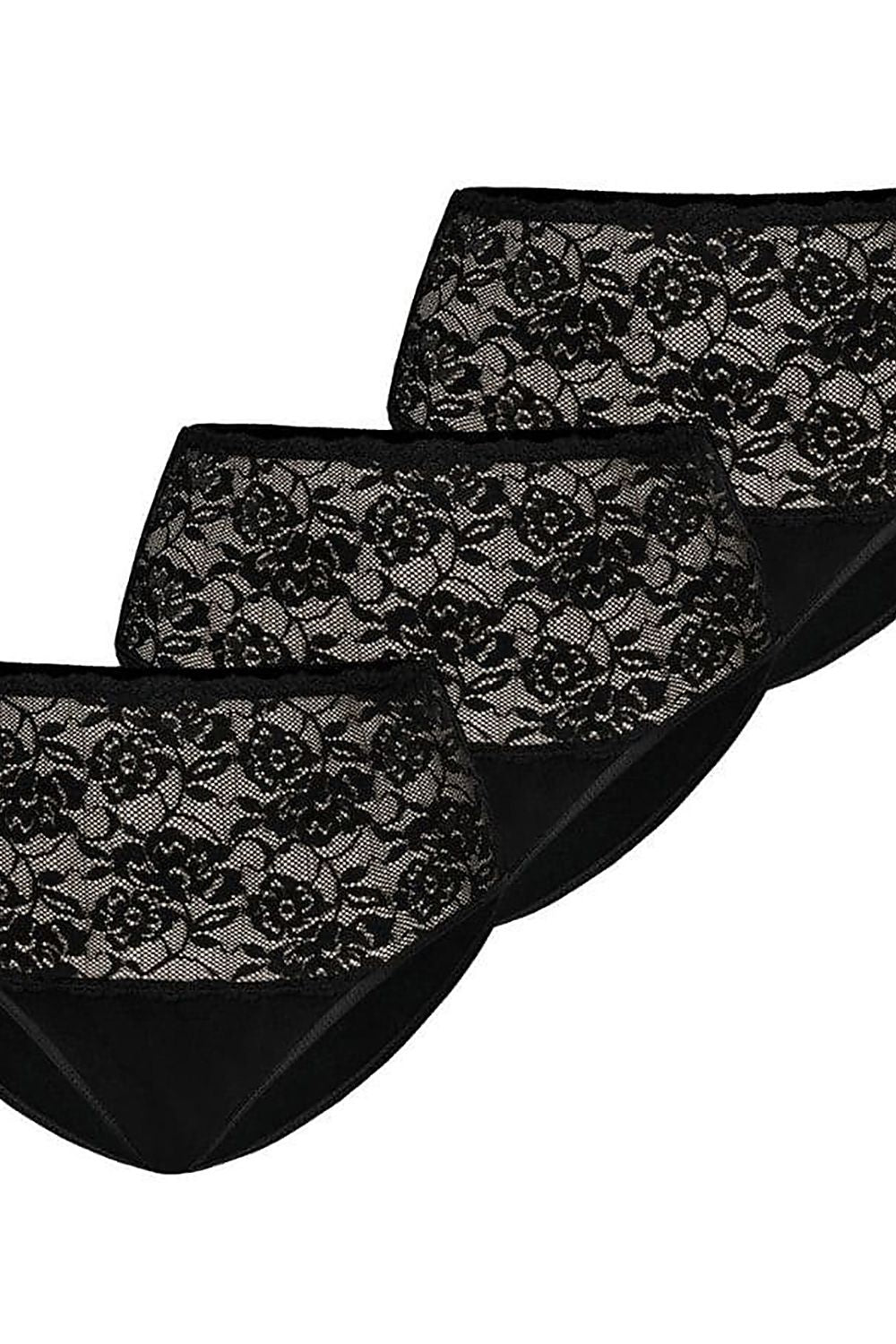 Chic set of three black high-waisted cotton panties adorned with exquisite floral lace from Teyli, perfectly combining elegance and comfort.