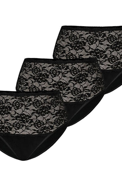 Chic set of three black high-waisted cotton panties adorned with exquisite floral lace from Teyli, perfectly combining elegance and comfort.
