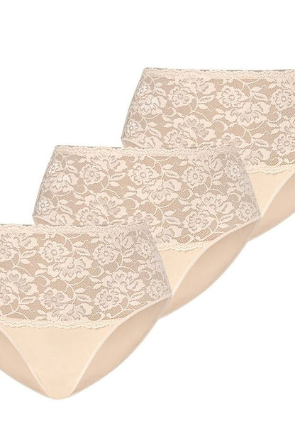 Set of three Teyli high-waisted nude cotton panties embellished with exquisite floral lace, an essential addition to any luxurious lingerie wardrobe.