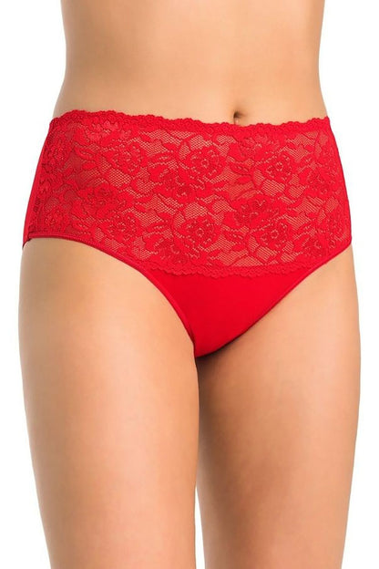 Stunning red high-waisted cotton panties by Teyli adorned with delicate floral lace, perfect for a touch of luxury in everyday wear.
