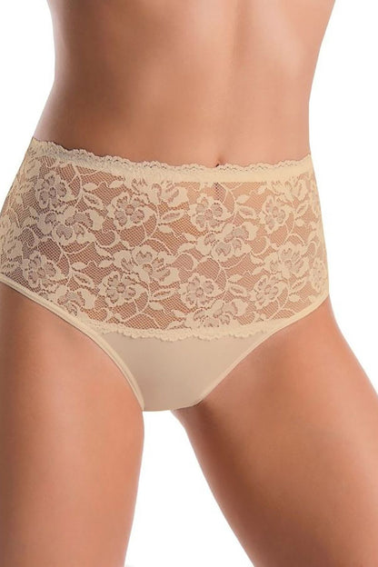 Fashionable front view of high-waisted nude cotton panties featuring exquisite lace details by Teyli, ideal for adding elegance to any lingerie collection.