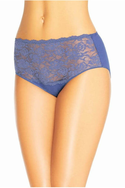 Elegant Teyli Women's high-waisted cotton panty featuring exquisite floral lace detail on a soft blue fabric, showcasing a luxurious blend of comfort and style.