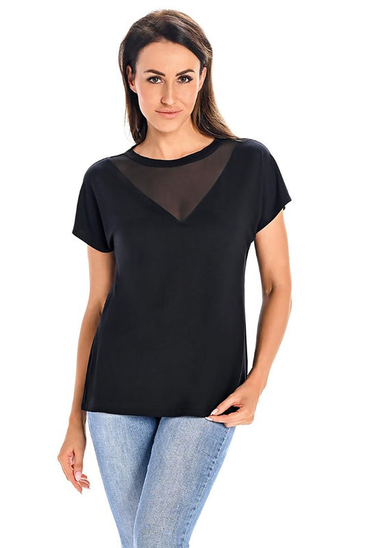 Elegant black bamboo short-sleeved women's blouse with mesh detail, designed by Teyli, paired with chic denim for a sophisticated look.