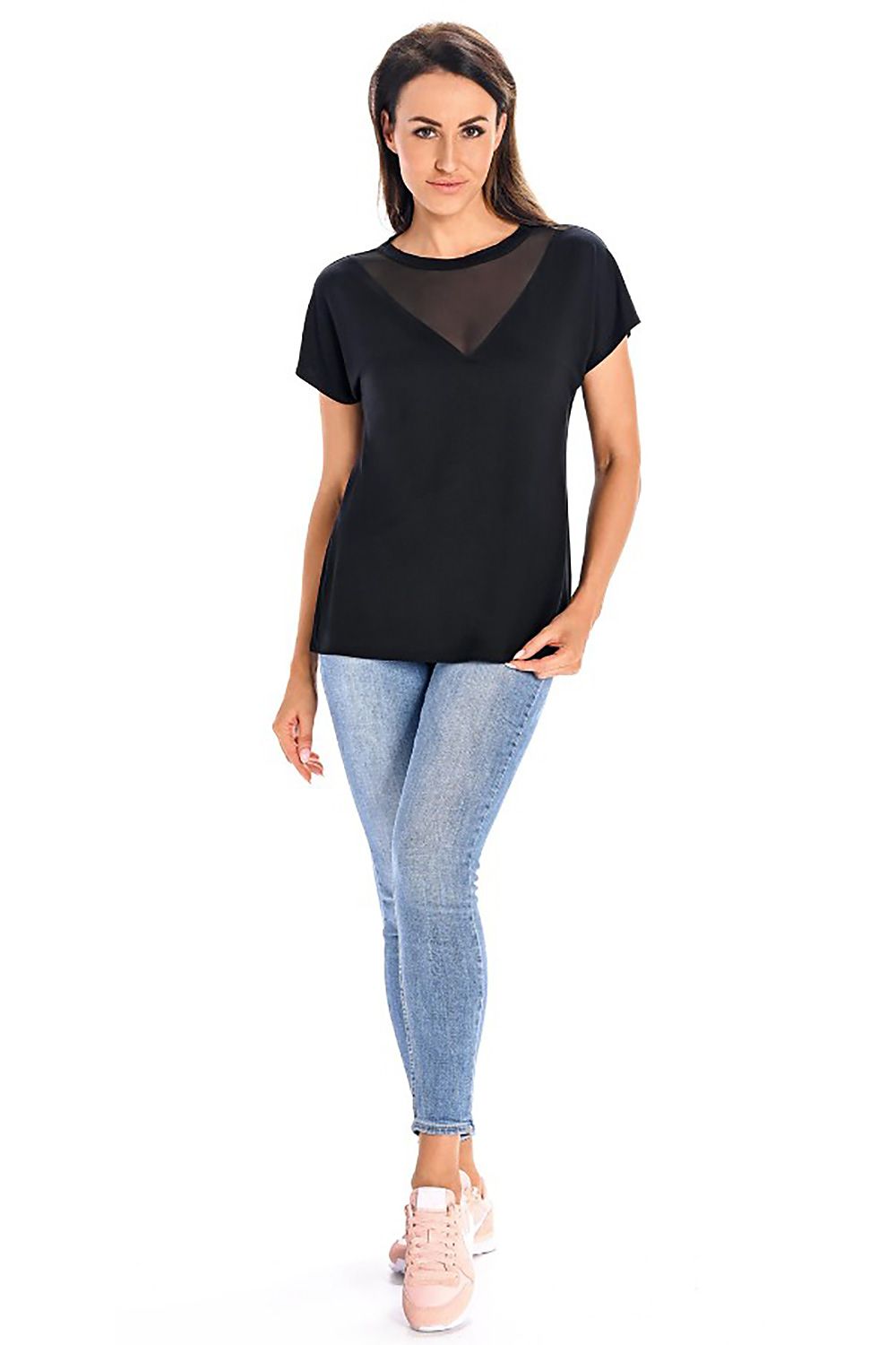 Stylish black bamboo blouse with a unique mesh neckline, showcased by Teyli, perfect for a fashionable ensemble.