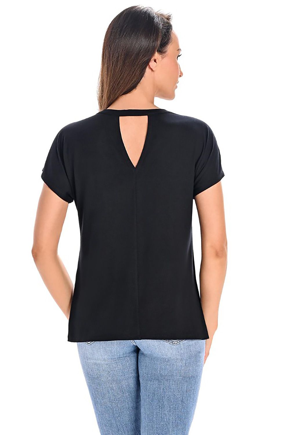 Sophisticated back view of a black bamboo women's blouse featuring a stylish triangle slit, crafted by Teyli for contemporary elegance.