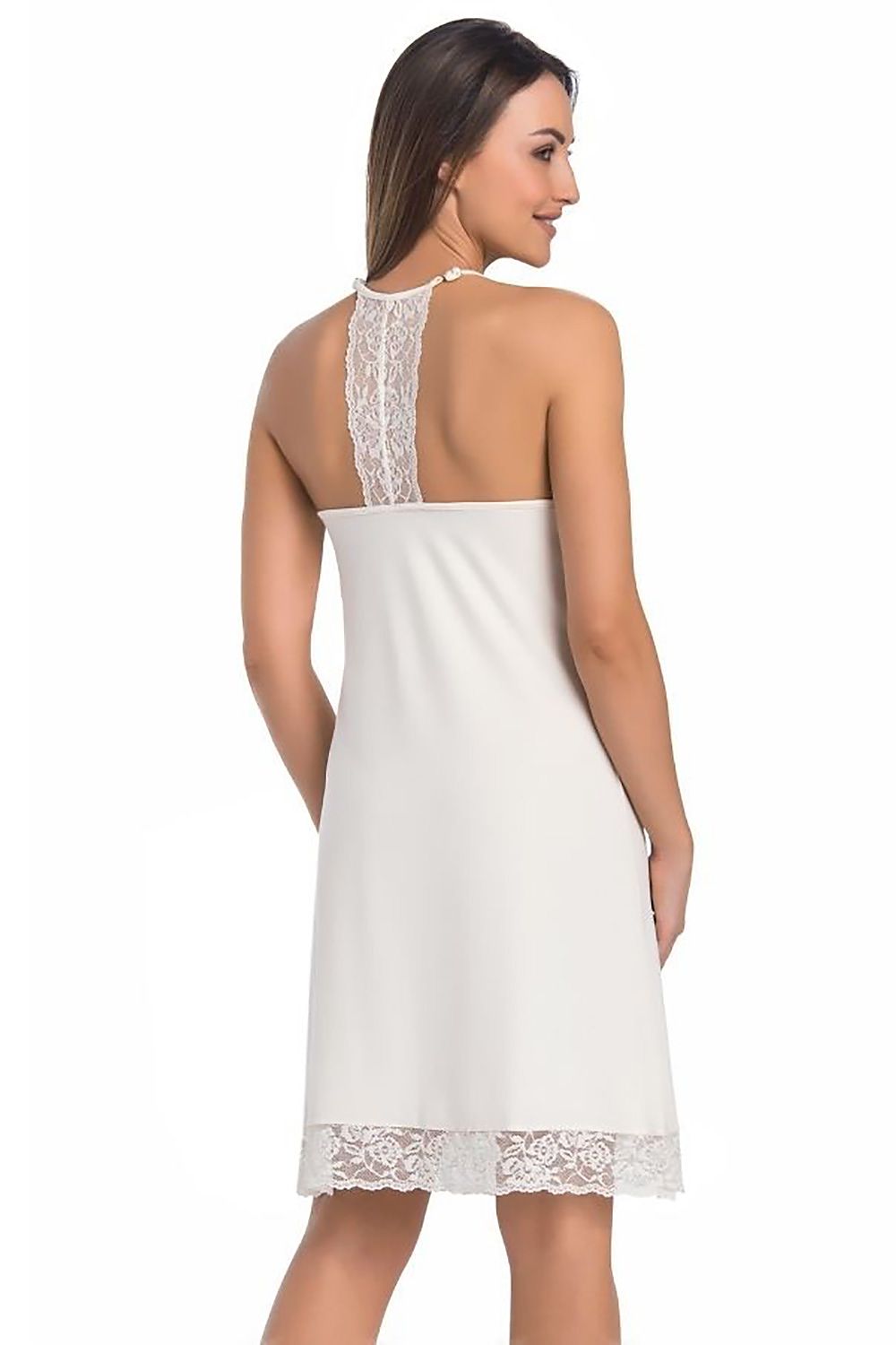 Sophisticated back view of Teyli's ecru viscose shirt, showcasing intricate lace detailing on the straps, embodying a perfect blend of elegance and comfort.