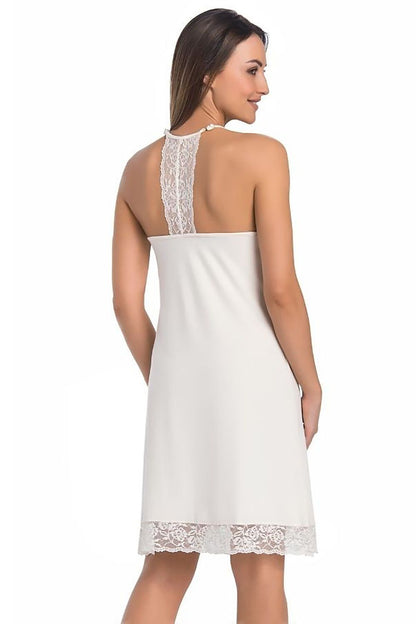 Sophisticated back view of Teyli's ecru viscose shirt, showcasing intricate lace detailing on the straps, embodying a perfect blend of elegance and comfort.