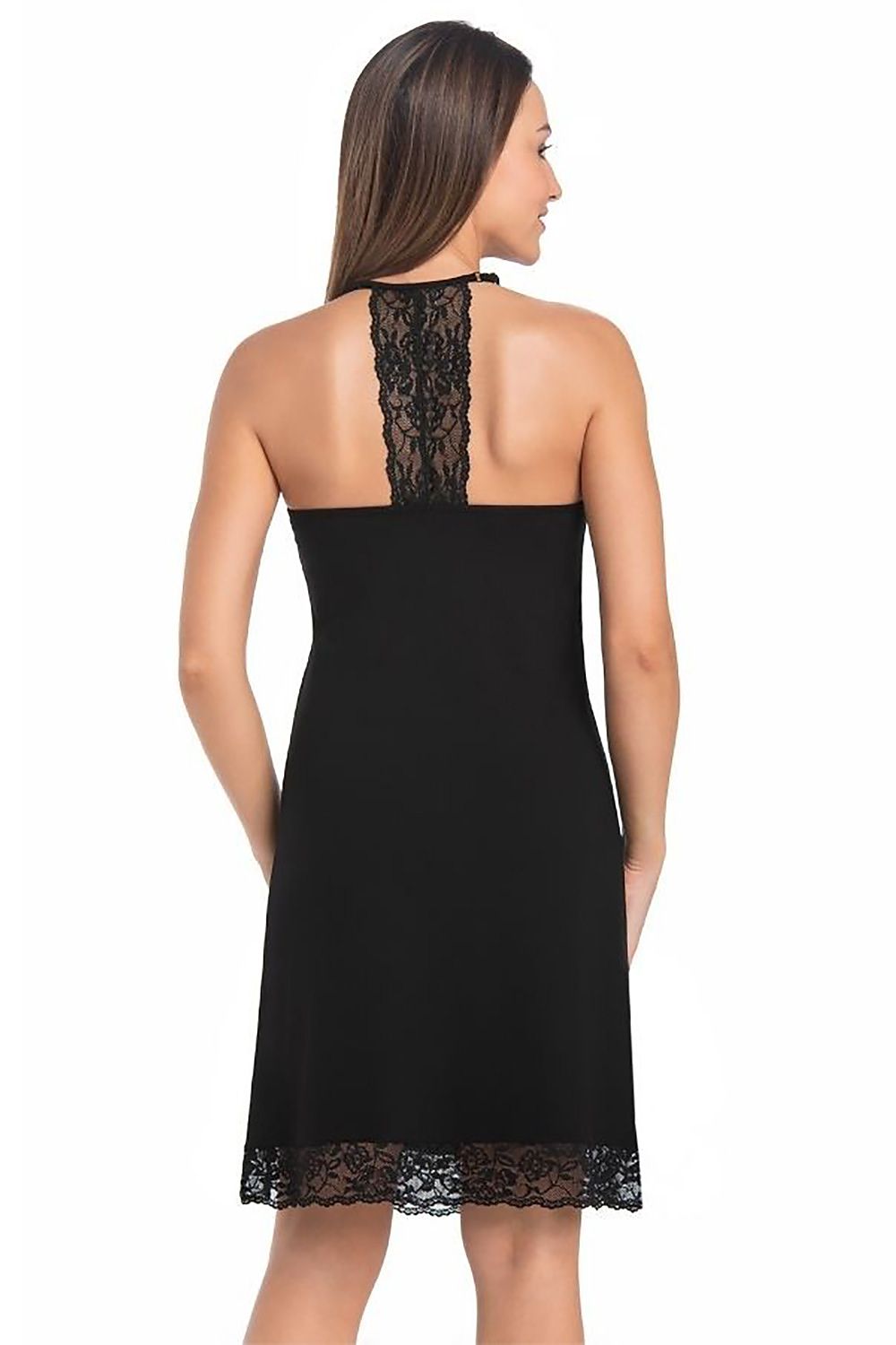 Back view of an elegant black viscose shirt with a delicate lace back and adjustable straps, ensuring both luxury and comfort by Teyli.